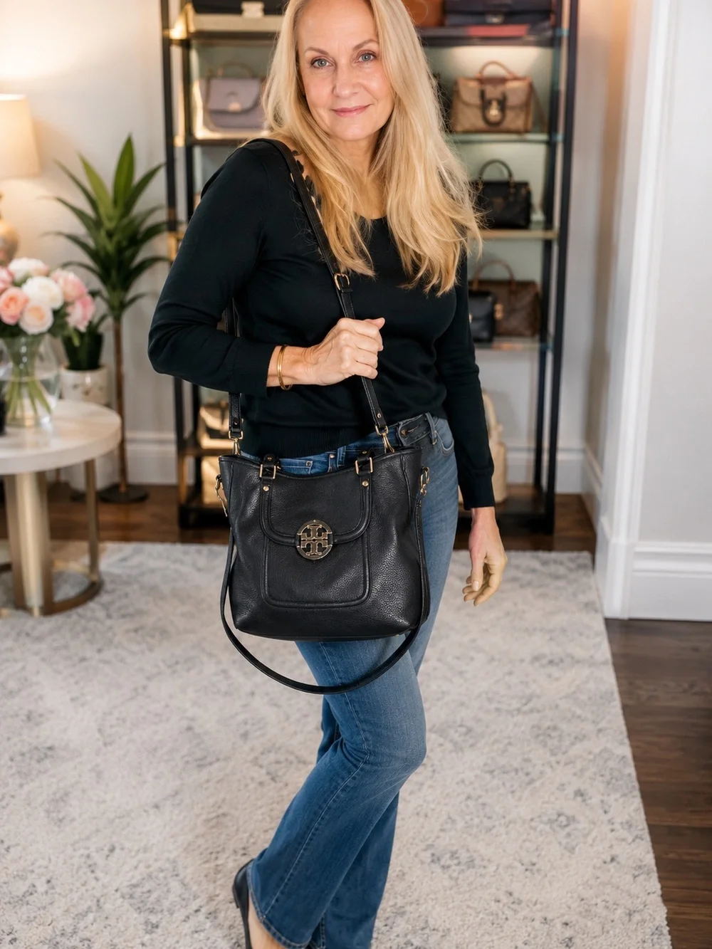 Tory Burch Amanda Classic Handle Black Leather Hobo Crossbody Dust Bag